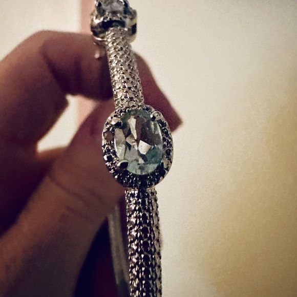 Aquamarine CZs with Pave Diamond CZs Silver Bangle Bracelet - Picture 6 of 9